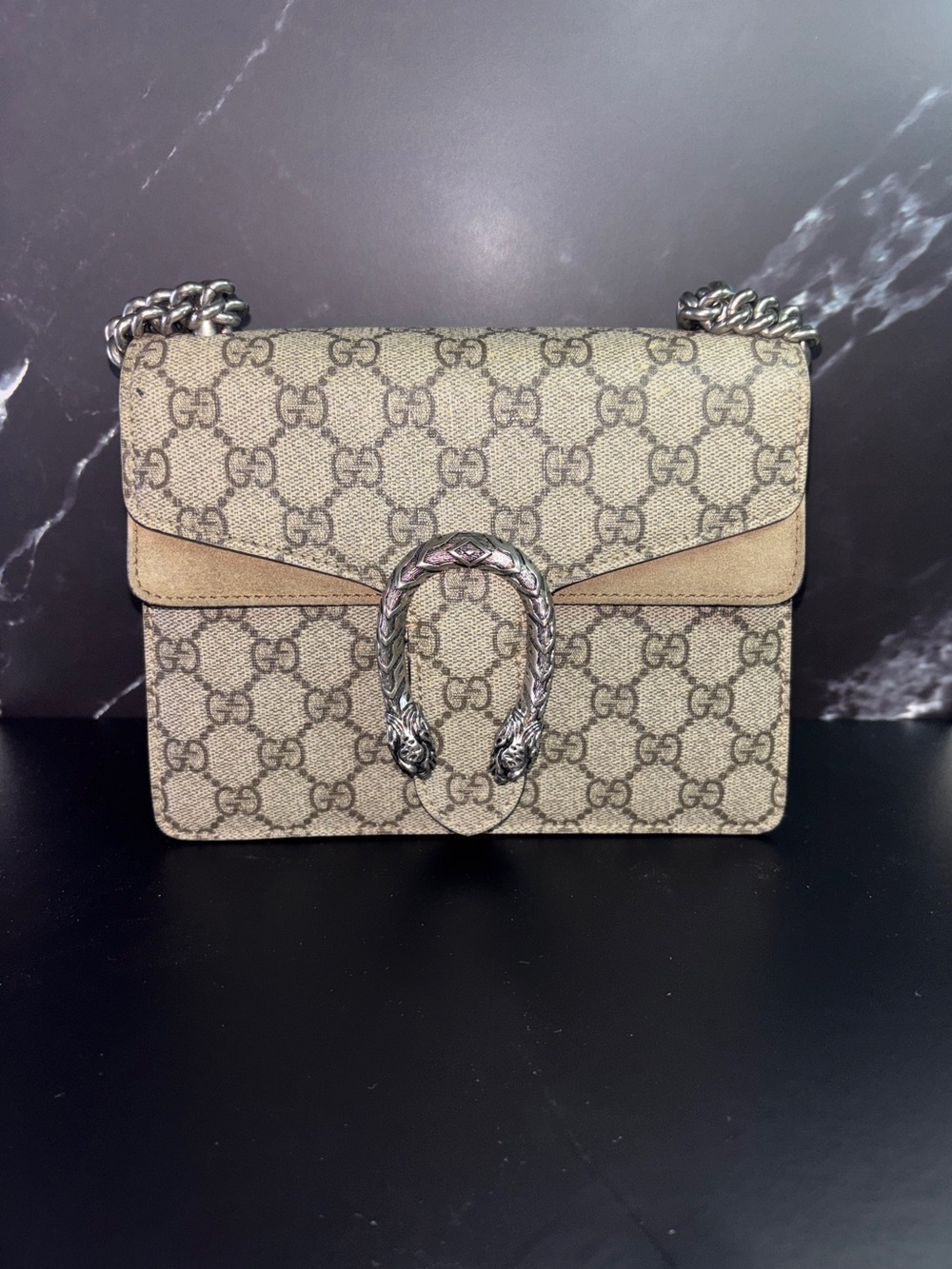 Gucci Beige GG Supreme Shoulder Bag with Silver Dionysus Hardware